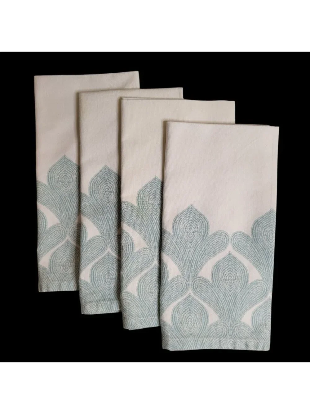 Set of 4 West Elm Fabric Napkins White/Turquoise Print 100% Cotton 20